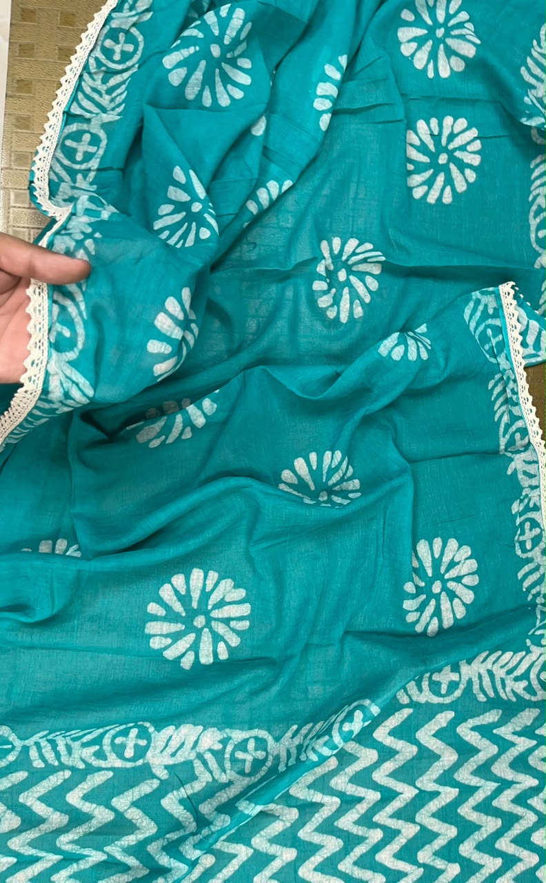 Teal Mul Cotton Handwork Semi-stitched Suit Set with Bottom & Dupatta | 3 Piece Suit Set
