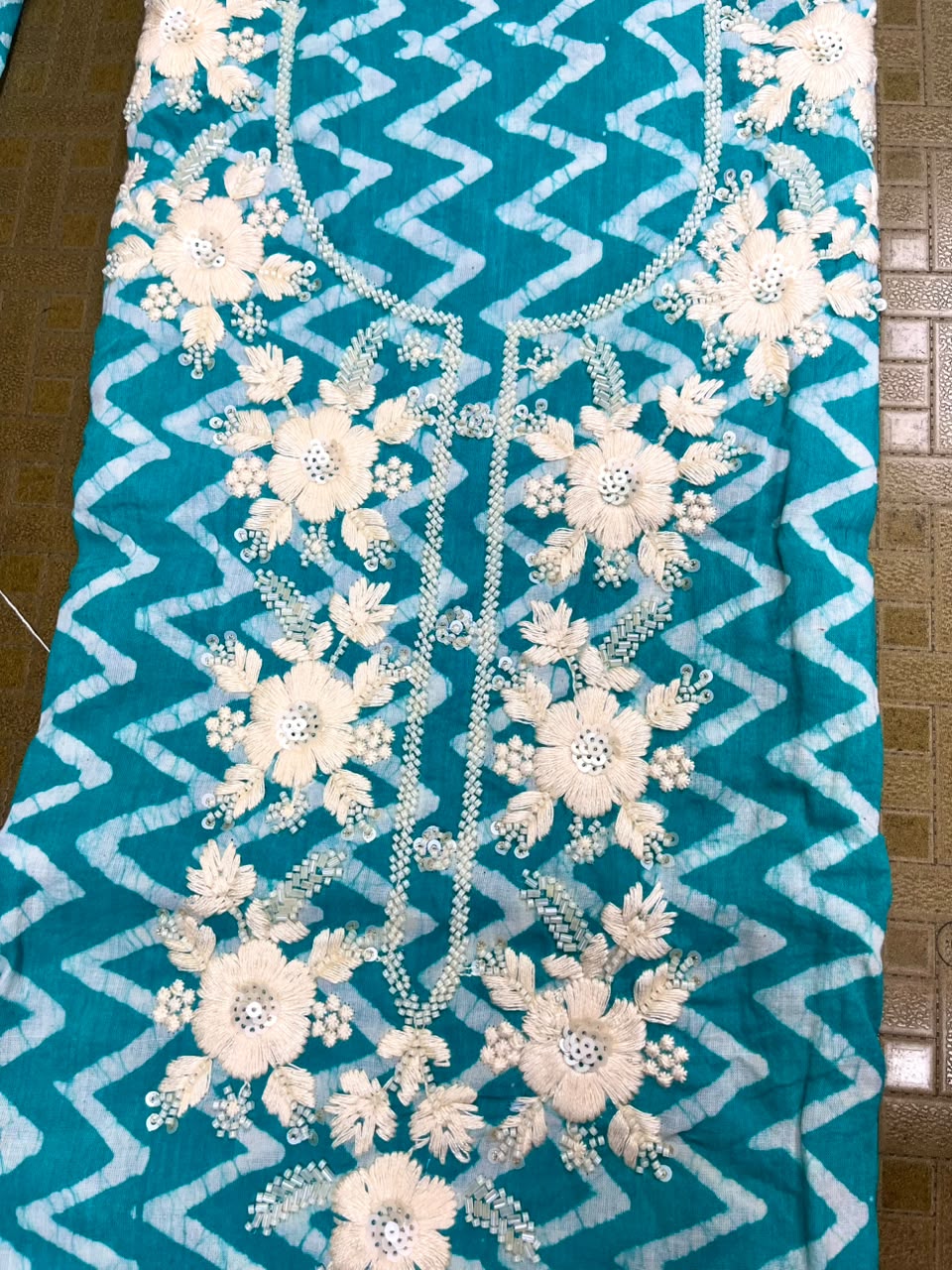 Teal Mul Cotton Handwork Semi-stitched Suit Set with Bottom & Dupatta | 3 Piece Suit Set
