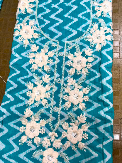 Teal Mul Cotton Handwork Semi-stitched Suit Set with Bottom & Dupatta | 3 Piece Suit Set