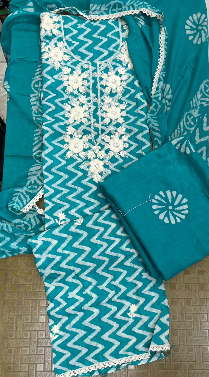 Teal Mul Cotton Handwork Semi-stitched Suit Set with Bottom & Dupatta | 3 Piece Suit Set