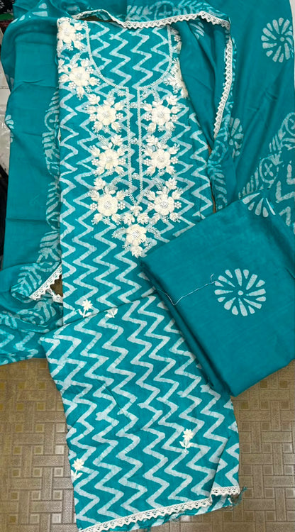 Teal Mul Cotton Handwork Semi-stitched Suit Set with Bottom & Dupatta | 3 Piece Suit Set