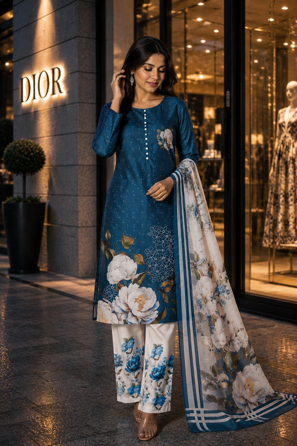Blue Floral Armani Satin 3-Piece Farshi Salwar Suit with Printed Georgette Dupatta