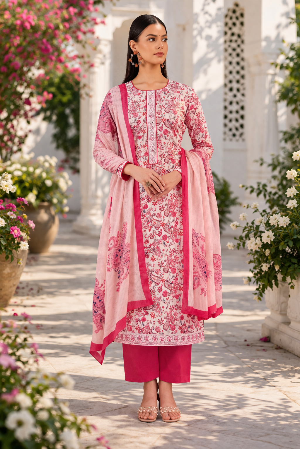 Ivory Pink Paisley Cotton Suit Set Fabric with Pure Chiffon Dupatta (3-Piece)