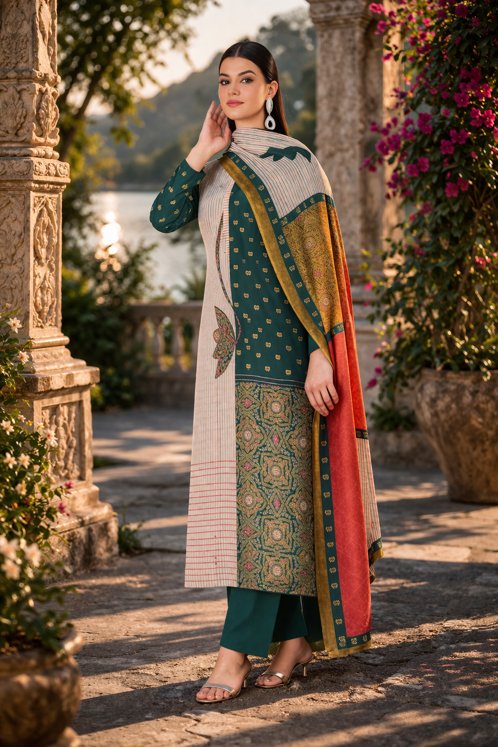 Emerald Festive Ethnic Cotton Suit Fabric Set with Cotton Muslin Dupatta (3-Piece)