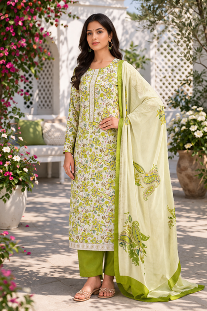 Ivory Olive Paisley Cotton Suit Set Fabric with Pure Chiffon Dupatta (3-Piece)
