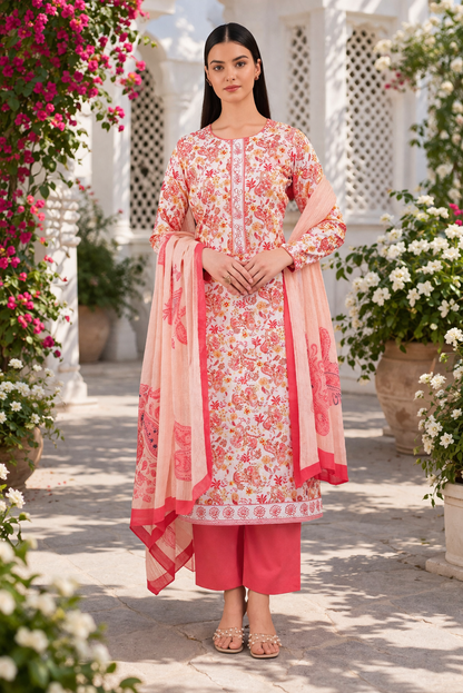 Peach Blossom Paisley Cotton Suit Fabric Set with Chiffon Dupatta (3-Piece)