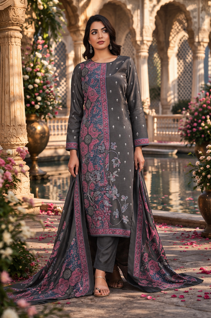 Charcoal Bloom Printed Cotton Suit Set Fabric with Cotton Muslin Dupatta (3-Piece)