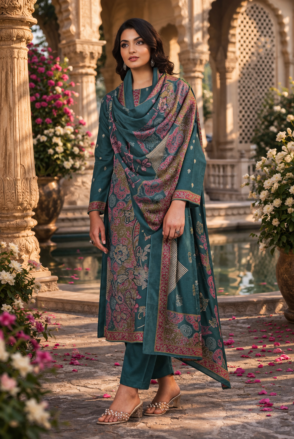 Teal Heritage Printed Cotton Suit Set Fabric with Cotton Muslin Dupatta (3-Piece)