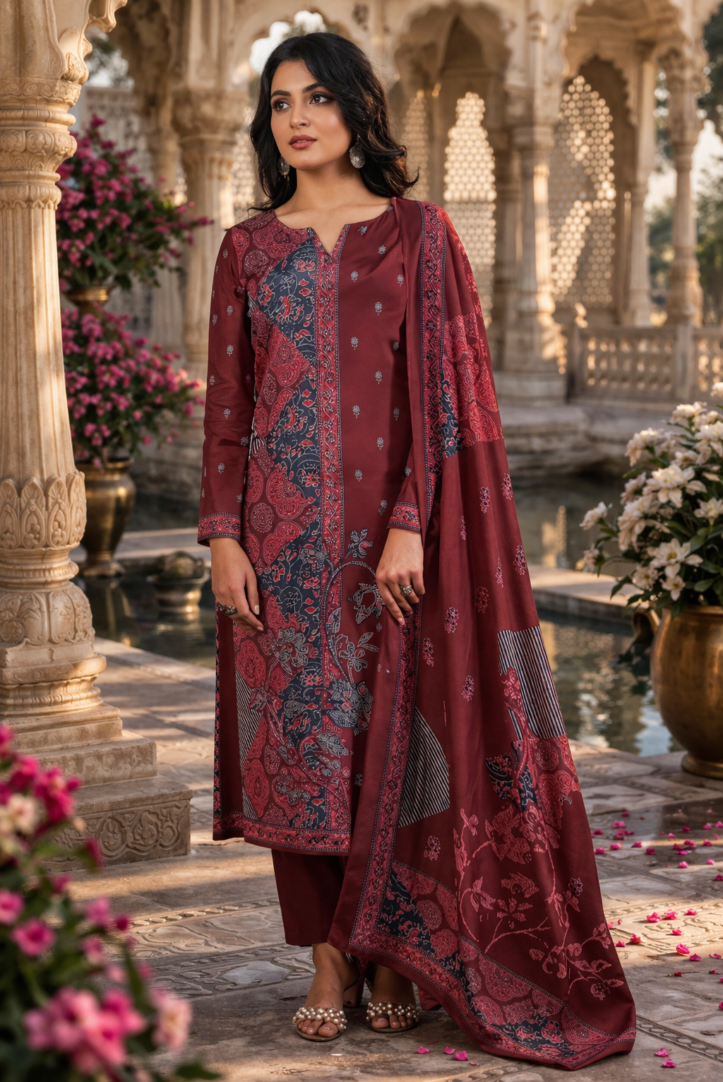Mulberry Teal Heritage Cotton Suit Fabric Set with Dupatta (3-Piece)