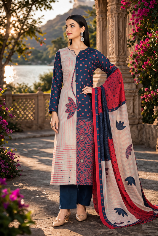 Ocean Ruby Printed Cotton Suit Fabric Set with Cotton Muslin Dupatta (3-Piece)