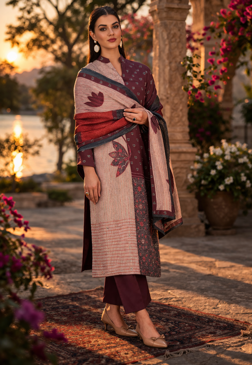 Mulberry Teal Heritage Cotton Suit Fabric Set with Cotton Muslin Dupatta (3-Piece)
