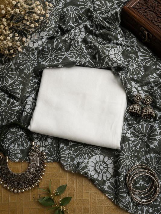 White Satin Modal Suit with Printed Mal Cotton Dupatta