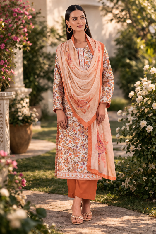 Amber Bloom Printed Cotton Suit Fabric with Chiffon Dupatta (3-Piece)