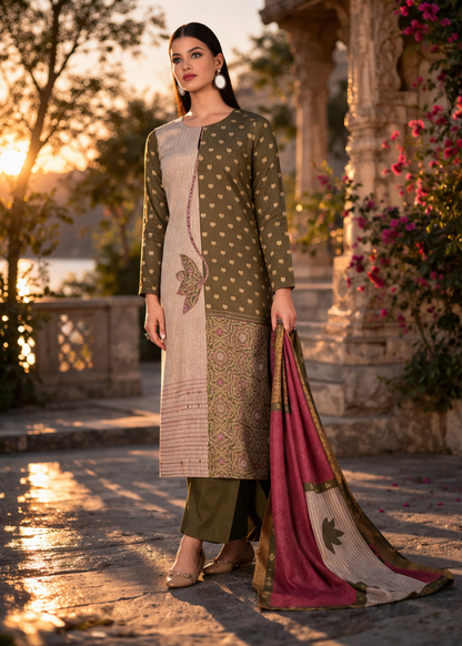 Olive Heritage Printed Cotton Suit Set Fabric with Cotton Muslin Dupatta (3-Piece)
