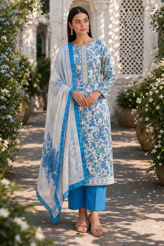 Ocean Bloom Printed Cotton Suit Fabric with Chiffon Dupatta (3-Piece)