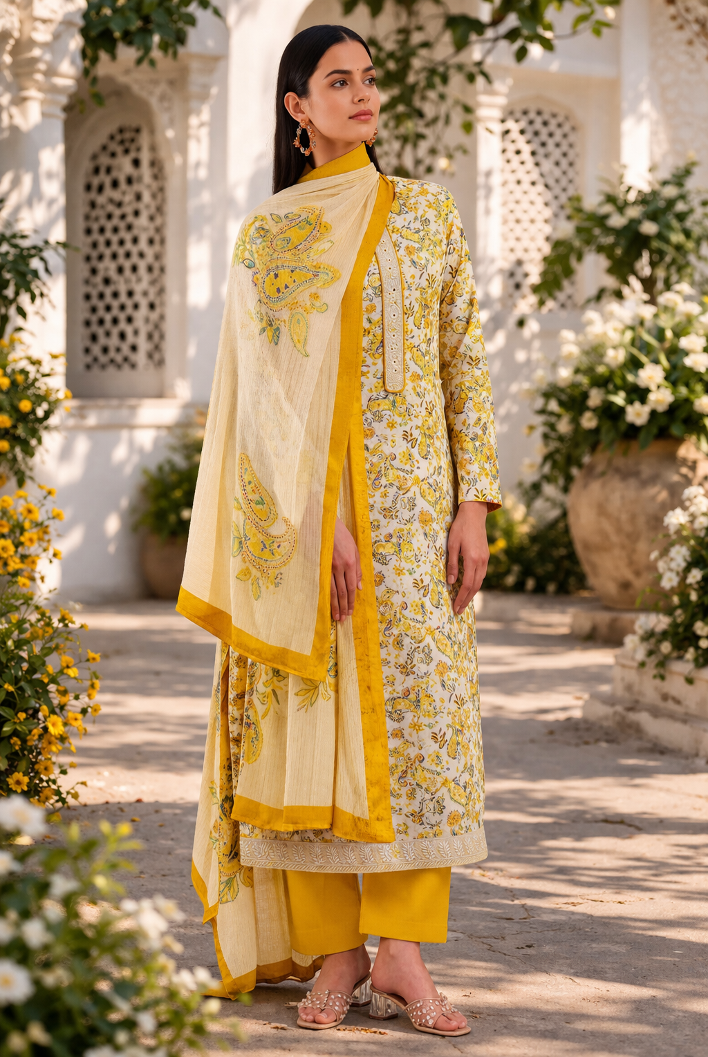 Off-White & Mustard Paisley Cotton Suit Set Fabric with Chiffon Dupatta (3-Piece)