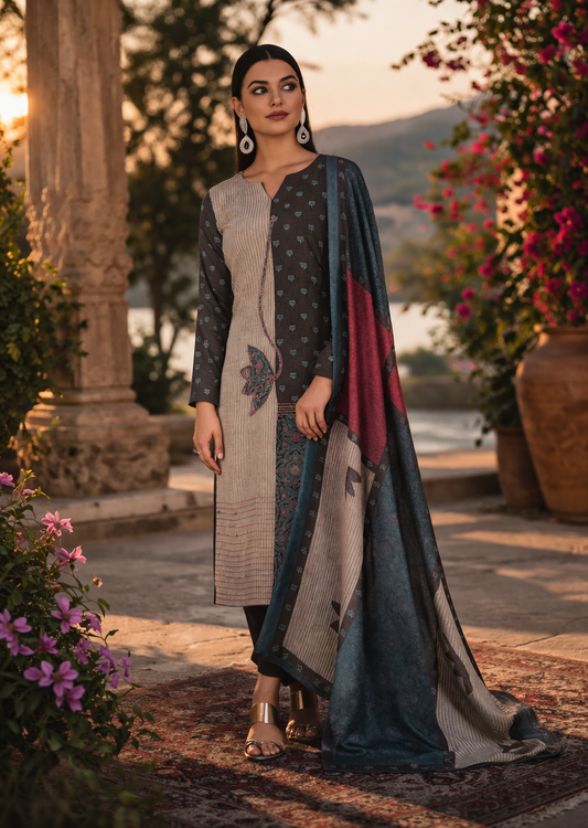 Charcoal Teal Fusion Cotton Suit Set Fabric with Cotton Muslin Dupatta (3-Piece)