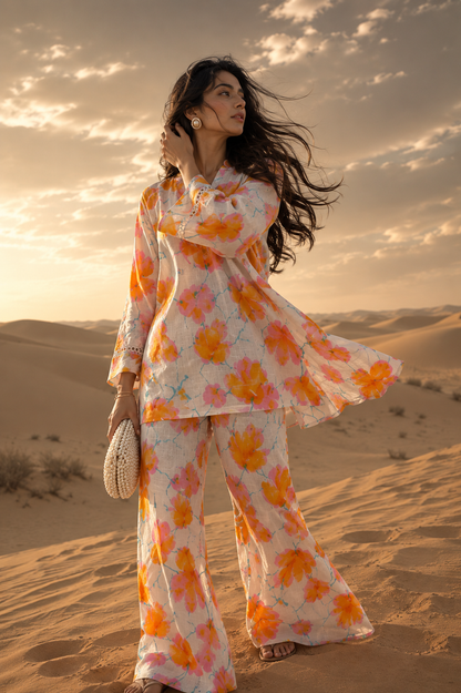 Yellow n Pink Drop Floral Printed Linen fabric