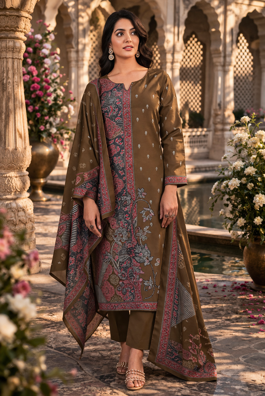Earthy Bloom Ethnic Cotton Suit Fabric Set with Cotton Muslin Dupatta (3-Piece)