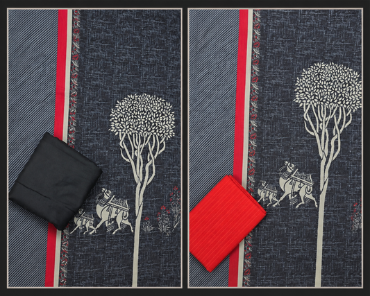 Indigo Cotton Printed Suit Set Fabric with Bottom | 2 types